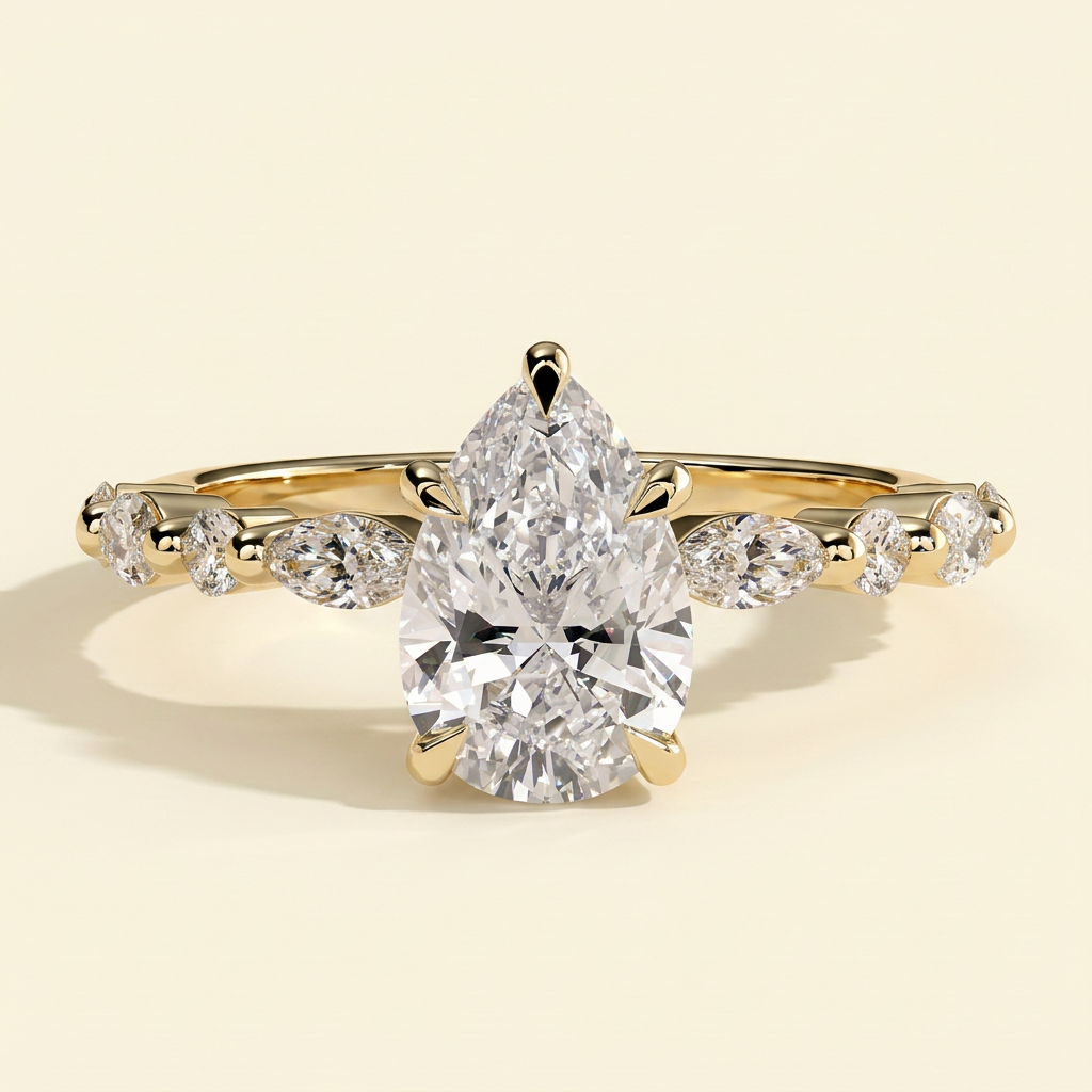 The Renelle - Pear Cut Lab Grown Diamond Five Claw Solitaire with Marquise and Round Accent Band