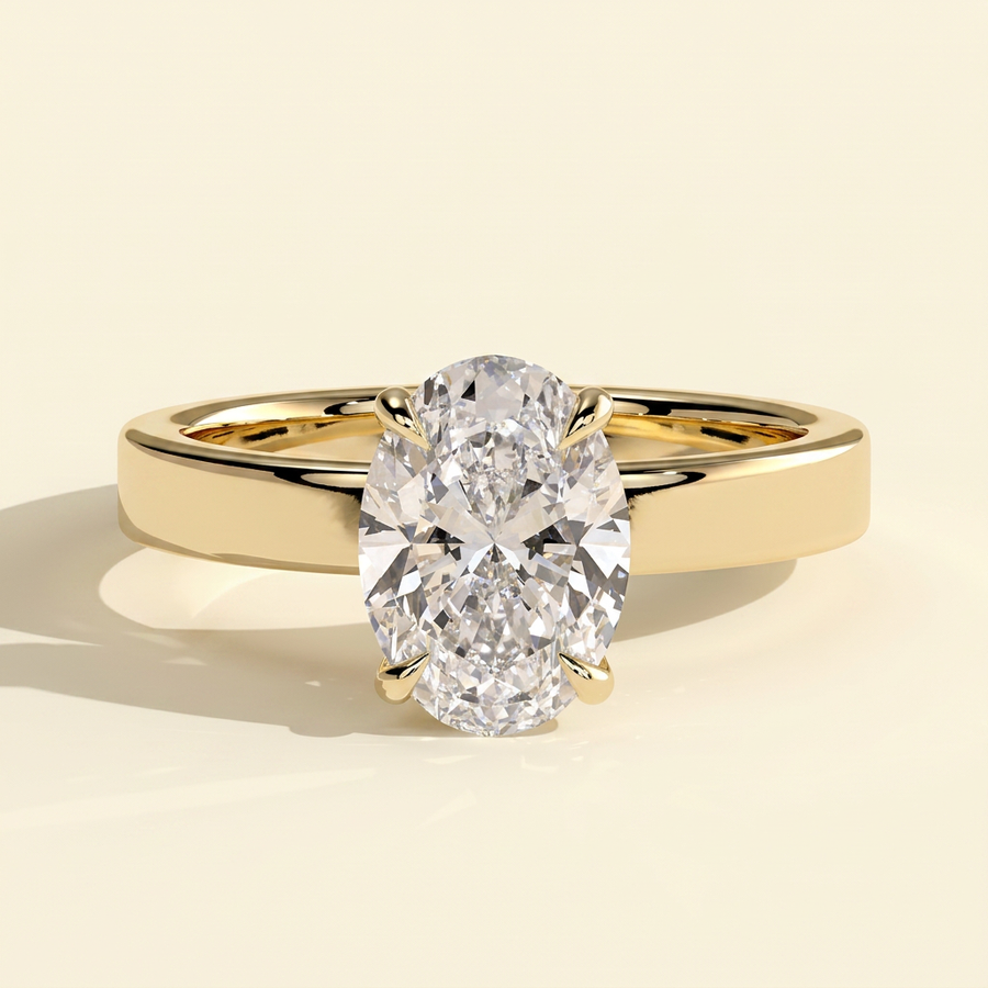 The Novia - Oval Cut Lab Grown Diamond Hidden Halo Solitaire with Flat Cigar Band Engagement Ring - Yellow Gold