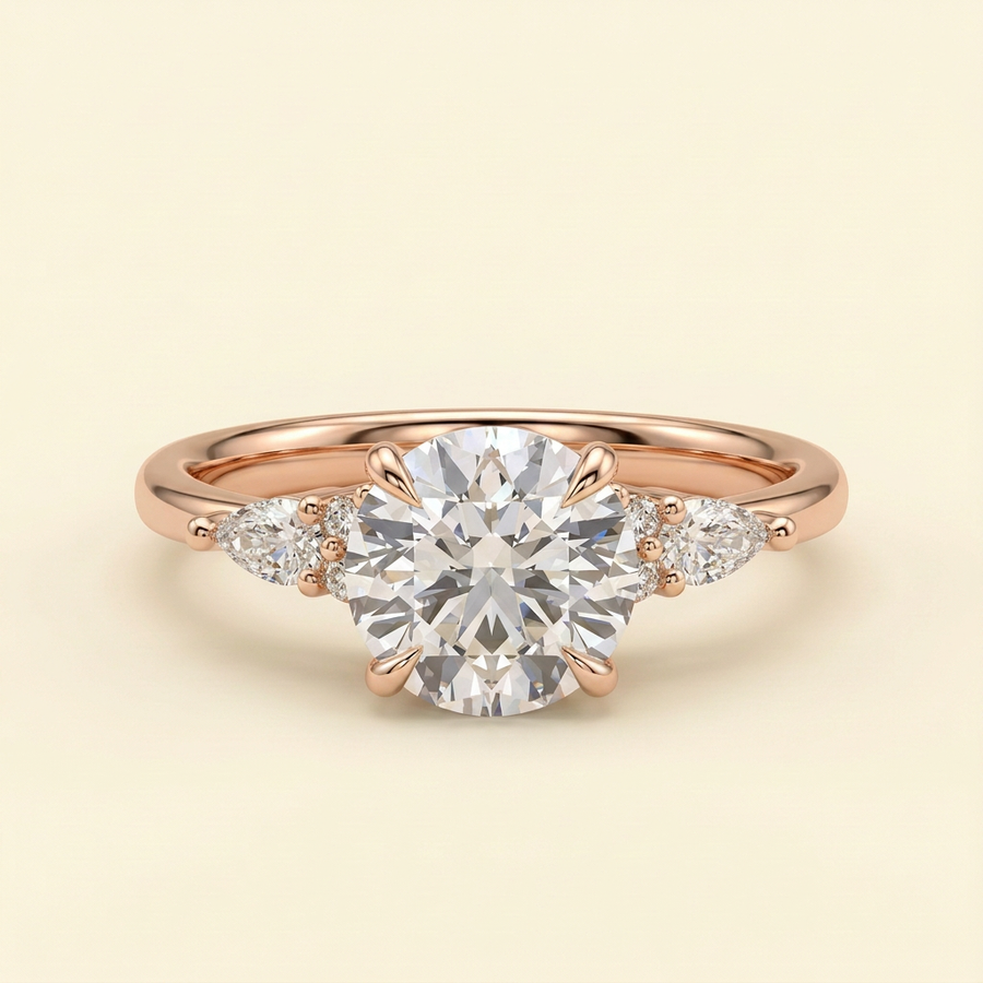 The Clea - Round Cut Lab Grown Diamond Three Stone with Pear Shoulder Stones and Tulip Gallery Engagement Ring - Rose Gold