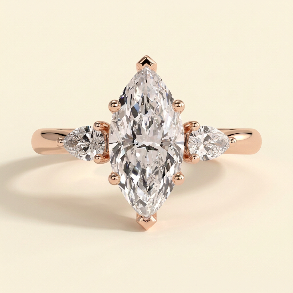 The Belaria - Marquise Cut Lab Grown Diamond Three Stone Engagement Ring with Pear Side Stones