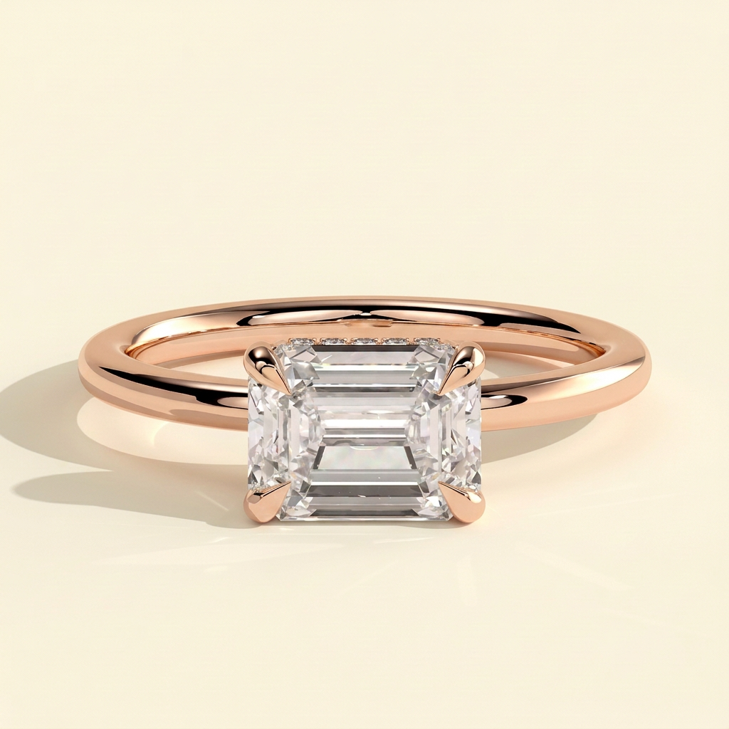 The Willa - Emerald Cut Lab Grown Diamond East West Solitaire with Hidden Halo Engagement Ring