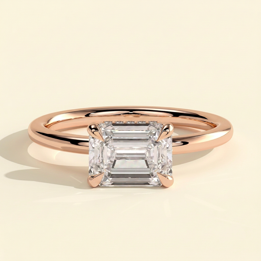 The Willa - Emerald Cut Lab Grown Diamond East West Solitaire with Hidden Halo Engagement Ring - Rose Gold