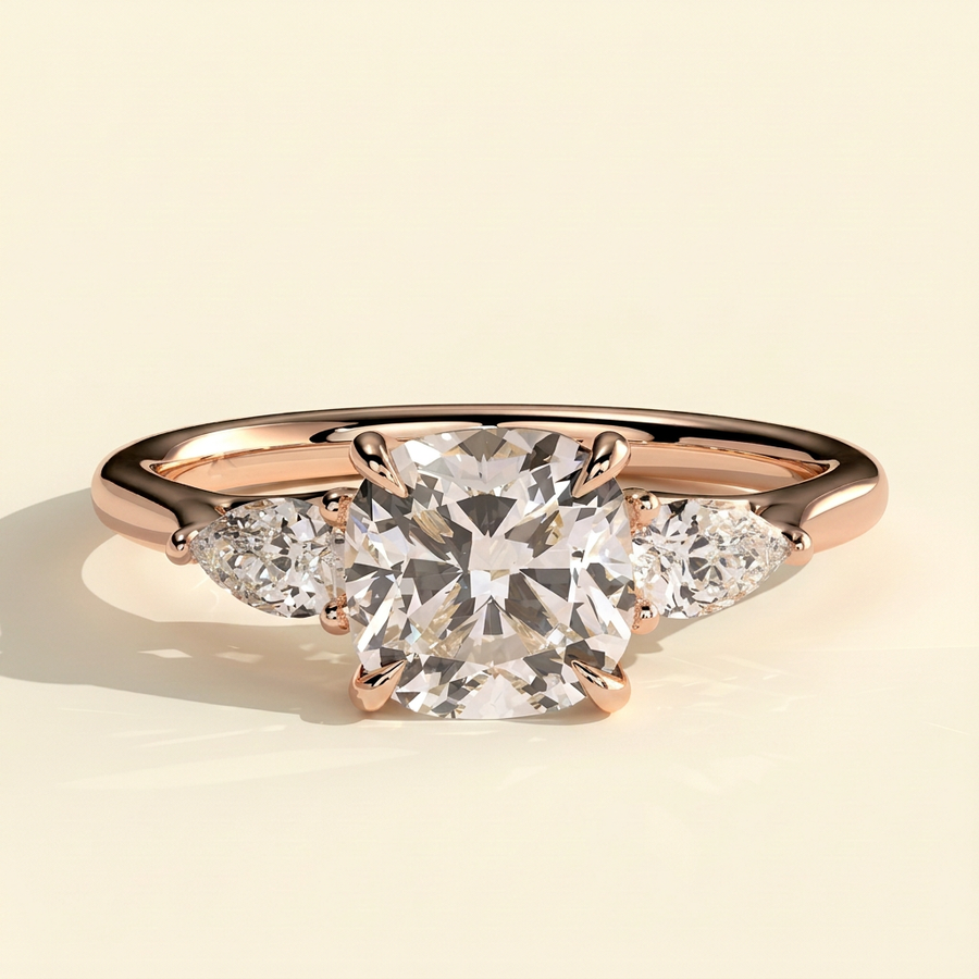 The Leonie - Cushion Cut Lab Grown Diamond Three Stone Engagement Ring with Woven Trellis Setting - Rose Gold