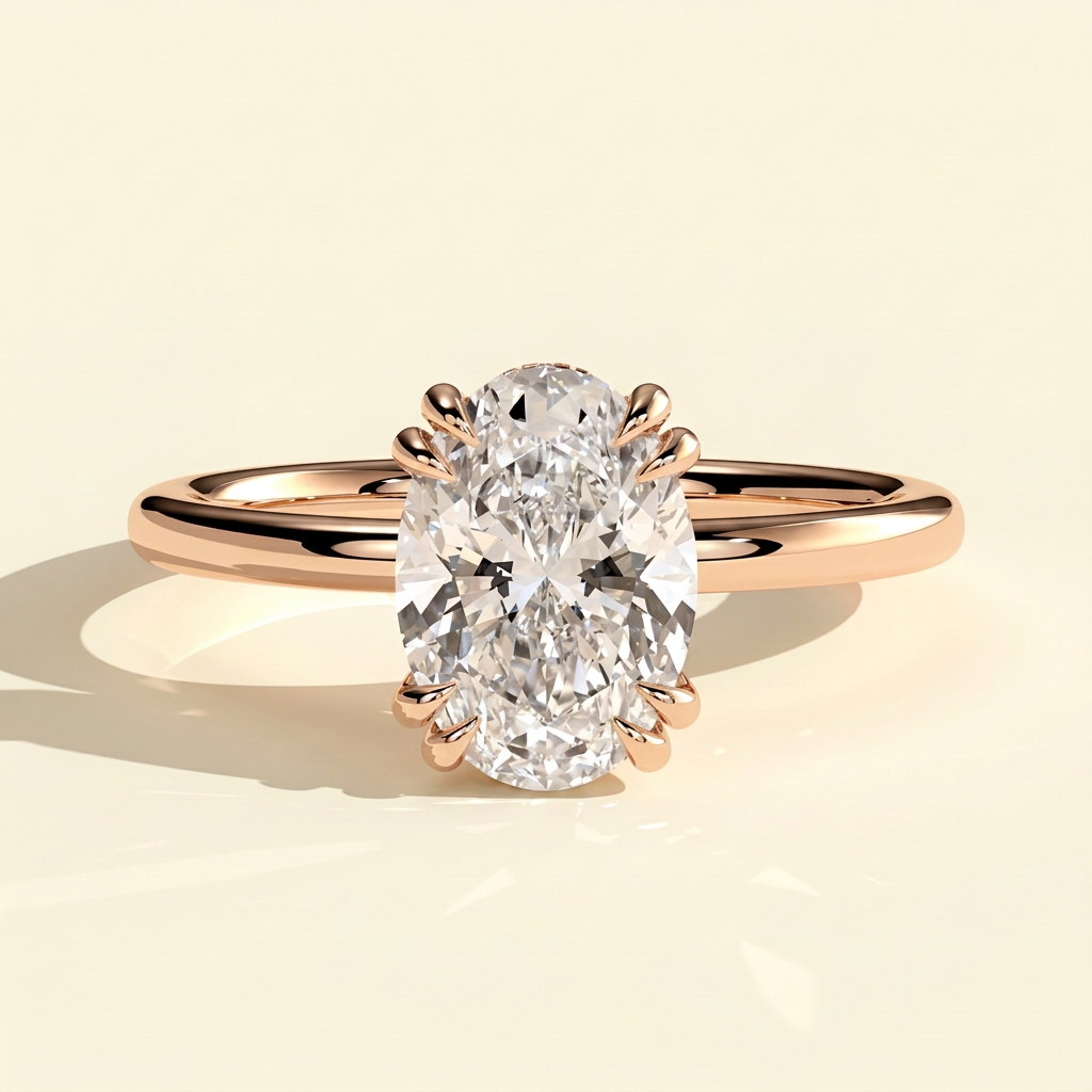 The Onda - Oval Cut Lab Grown Diamond Ring, Double Claws and Hidden Halo