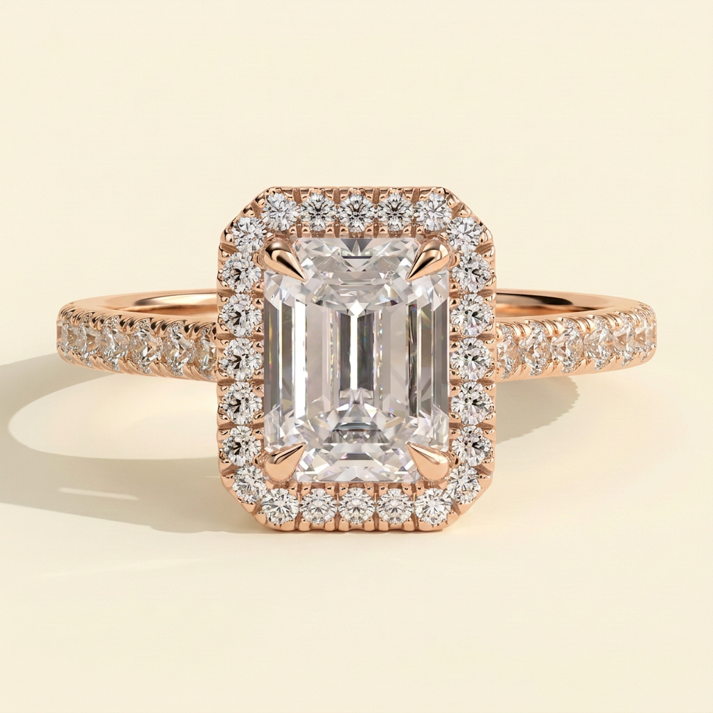 The Delara - Emerald Cut Lab Grown Diamond Four Claw Halo Engagement Ring with Pave Band