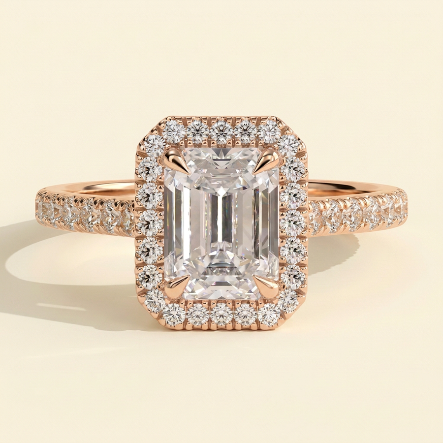 The Delara - Emerald Cut Lab Grown Diamond Four Claw Halo Engagement Ring with Pave Band - Rose Gold
