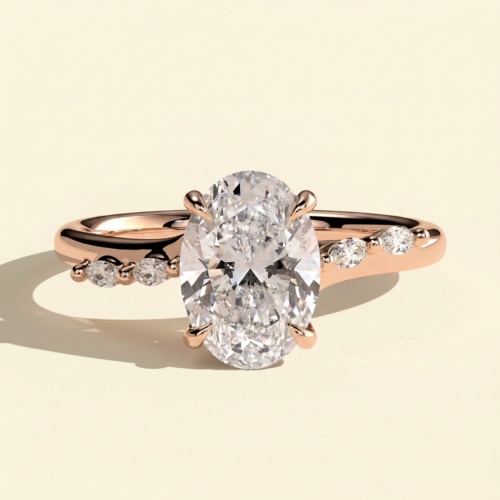 The Mirea - Oval Cut Lab Grown Diamond Hidden Halo Engagement Ring with Marquise Side Stones