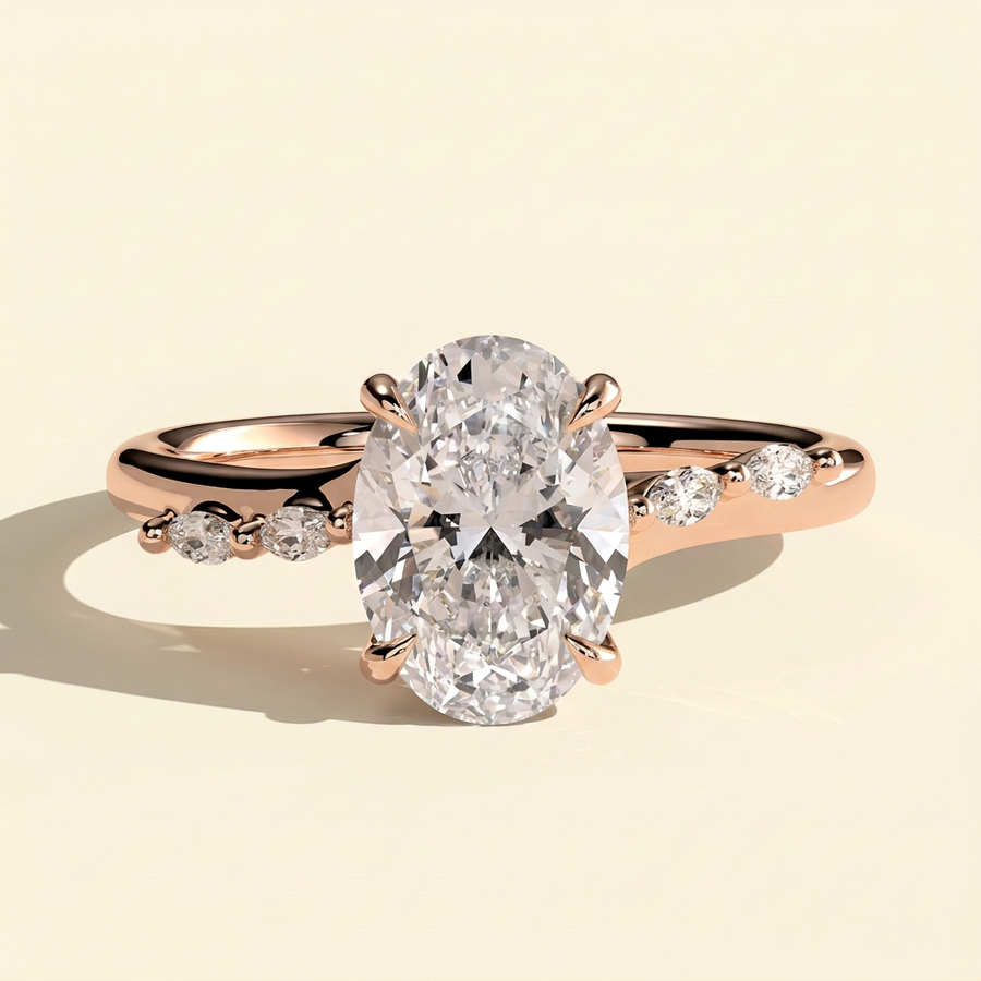 The Mirea - Oval Cut Lab Grown Diamond Hidden Halo Engagement Ring with Marquise Side Stones - Rose Gold
