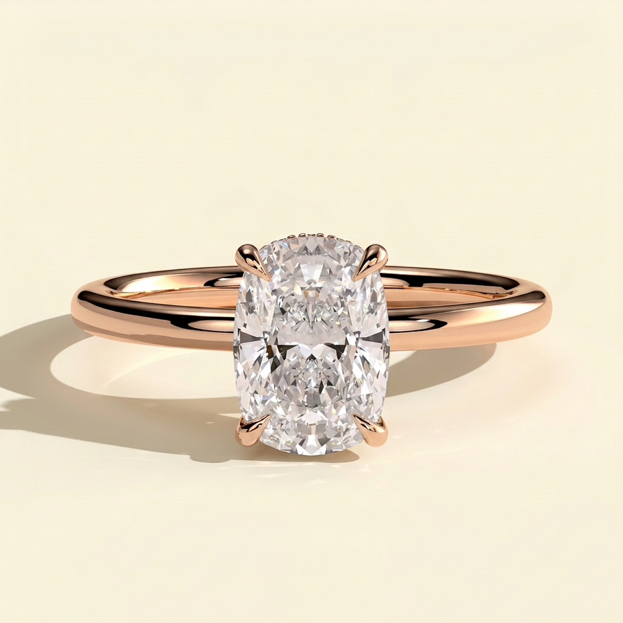 The Neve - Elongated Cushion Cut Lab Grown Diamond Solitaire with Wrap Around Hidden Halo Engagement Ring - Rose Gold