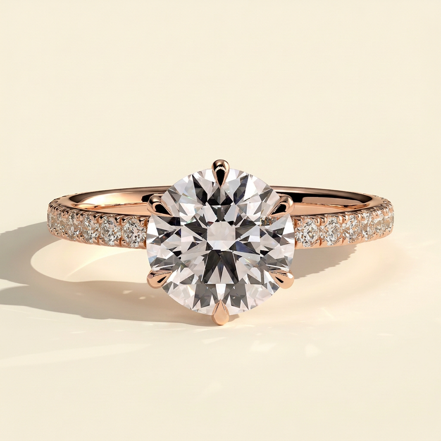 The Jolie - Round Cut Lab Grown Diamond Six Claw Solitaire with Crown Gallery and Pave Band Engagement Ring - Rose Gold