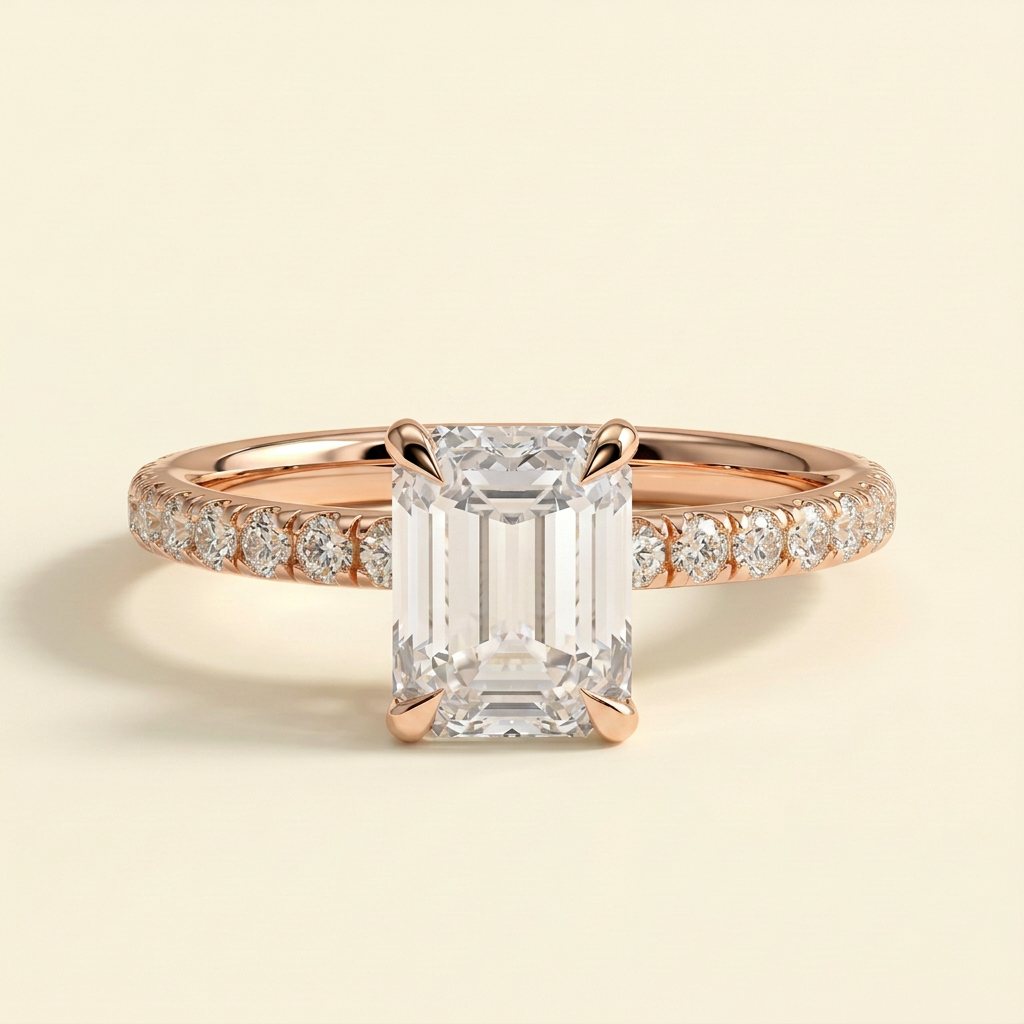 The Livia - Emerald Cut Lab Grown Diamond Solitaire Engagement Ring with Hidden Halo and Pave Band