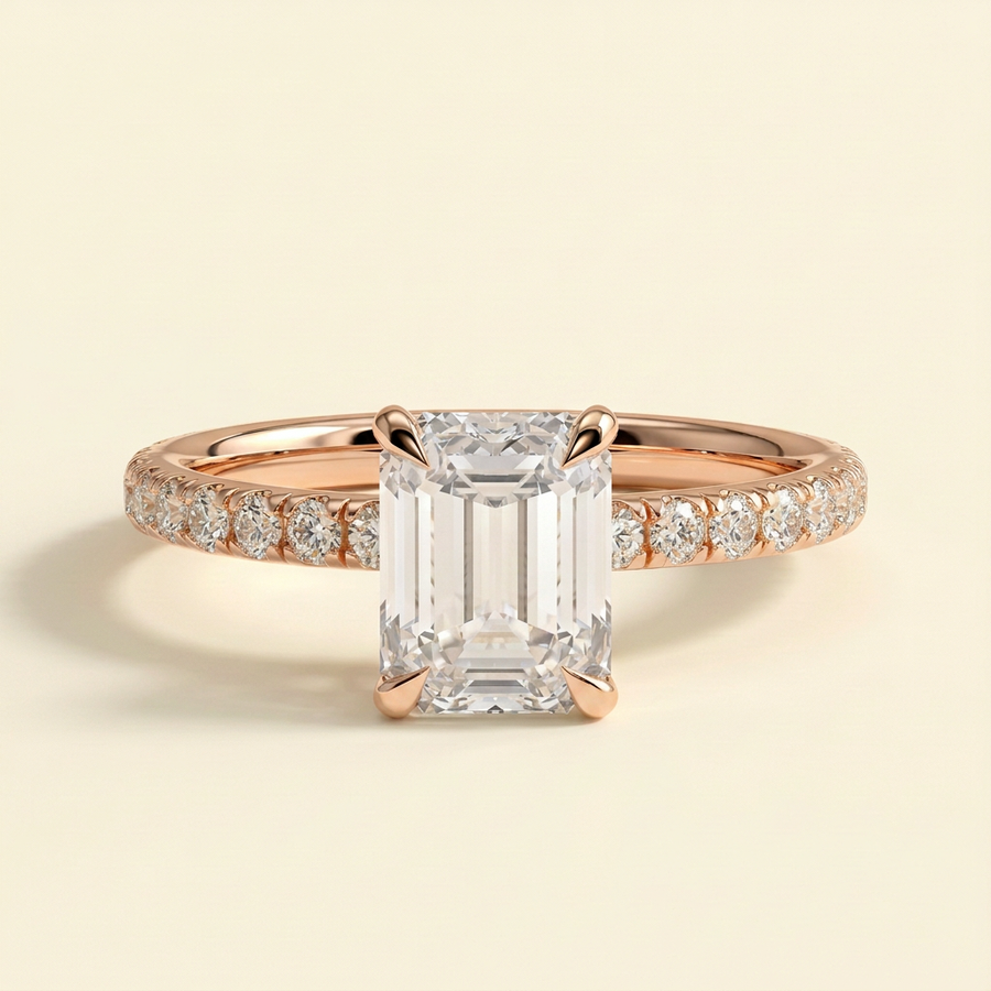 The Livia - Emerald Cut Lab Grown Diamond Solitaire Engagement Ring with Hidden Halo and Pave Band - Rose Gold