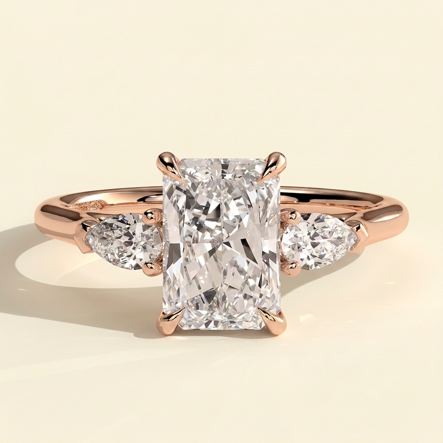 The Mirabel - Radiant Cut Lab Grown Diamond Three Stone Engagement Ring with Pear Side Stones - Rose Gold