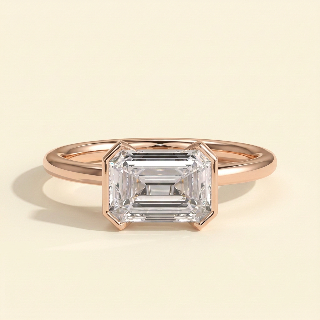 The Mara - Emerald Cut Lab Grown Diamond East West Half Bezel Solitaire Engagement Ring
