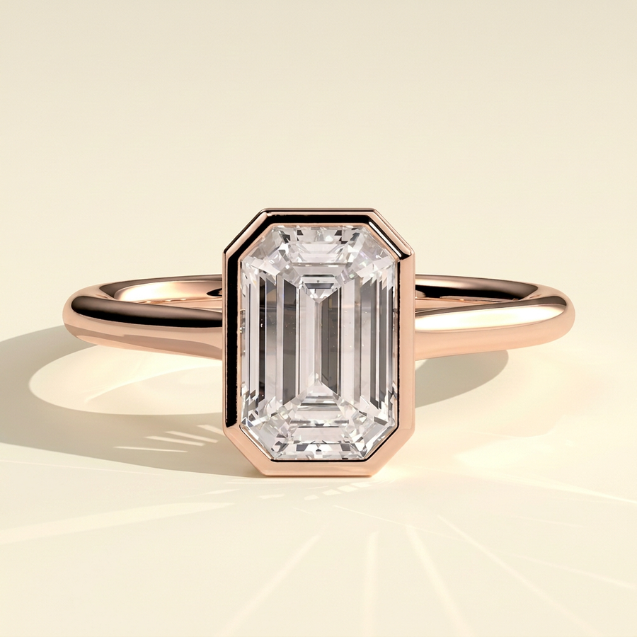 The Gala - Emerald Cut Lab Grown Diamond Bezel Set Solitaire Engagement Ring - Rose Gold