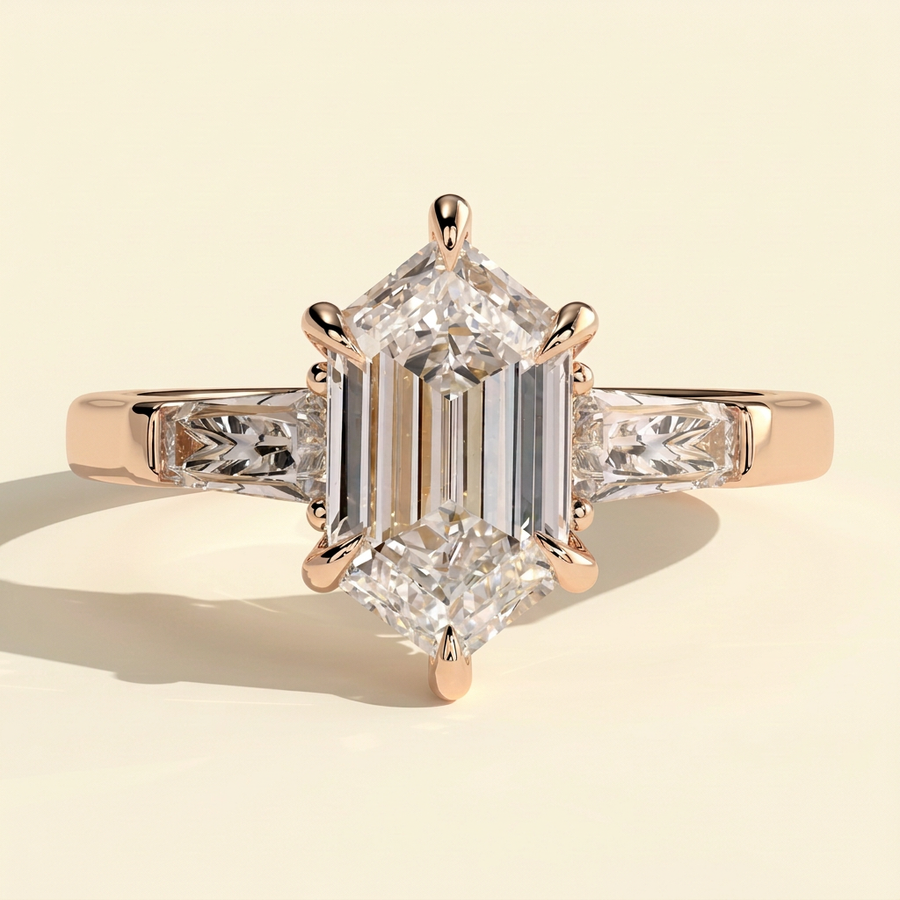 The Solara - Elongated Hexagon Cut Lab Grown Diamond Three Stone with Tapered Baguette Side Stones and Cathedral Setting Engagement Ring - Rose Gold
