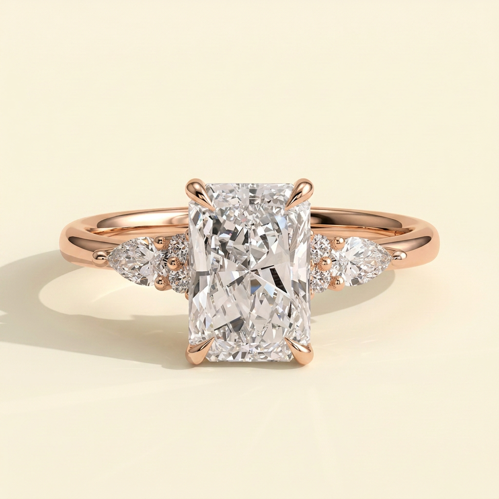 The Raina - Radiant Cut Lab Grown Diamond Three Stone Tulip Gallery Ring with Pear Side Stones