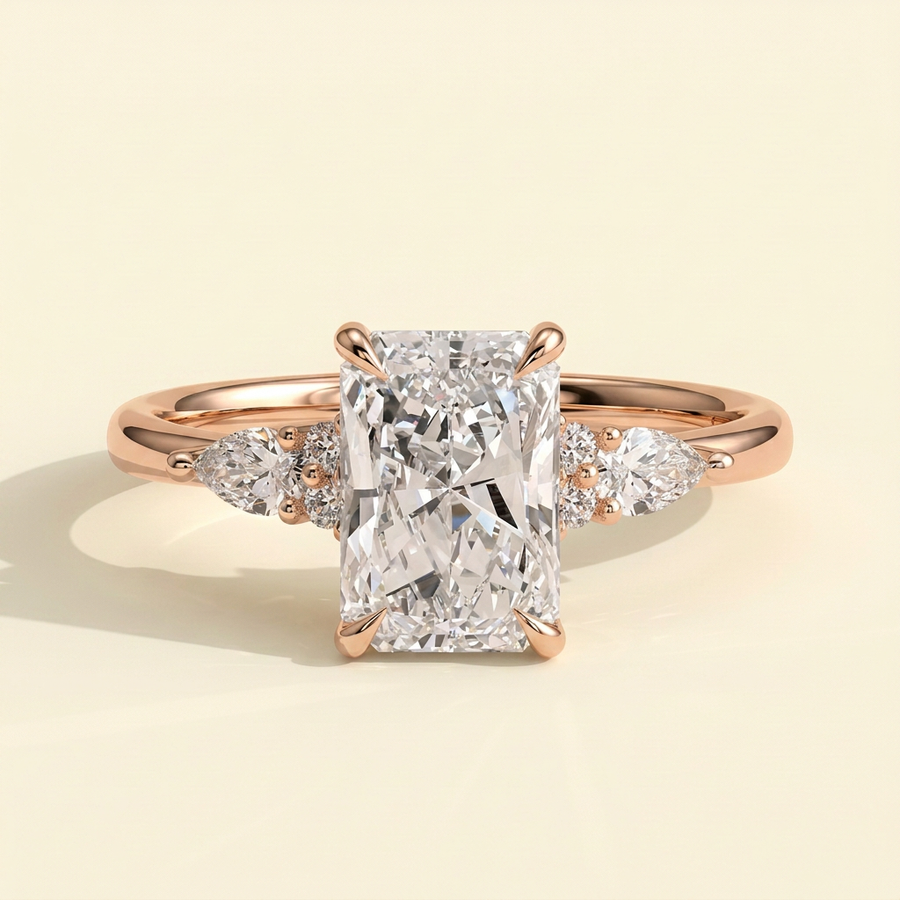The Raina - Radiant Cut Lab Grown Diamond Three Stone Tulip Gallery Ring with Pear Side Stones - Rose Gold