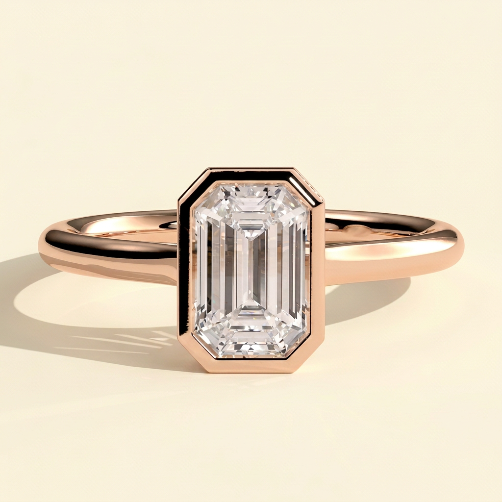 The Helia - Emerald Cut Lab Grown Diamond Bezel Set Solitaire with Open Cathedral Engagement Ring