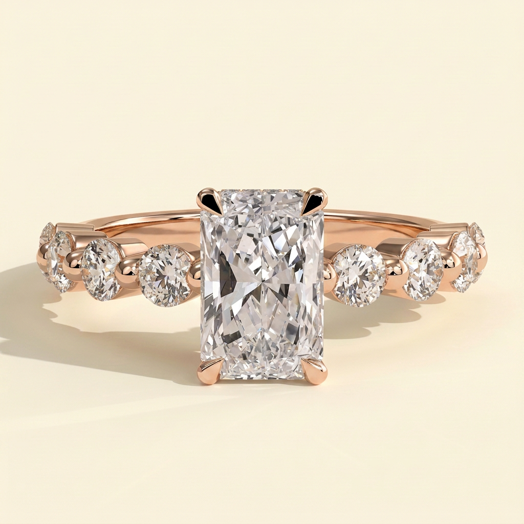 The Celia - Radiant Cut Lab Grown Diamond Four Claw Hidden Halo with Round Side Stones Engagement Ring
