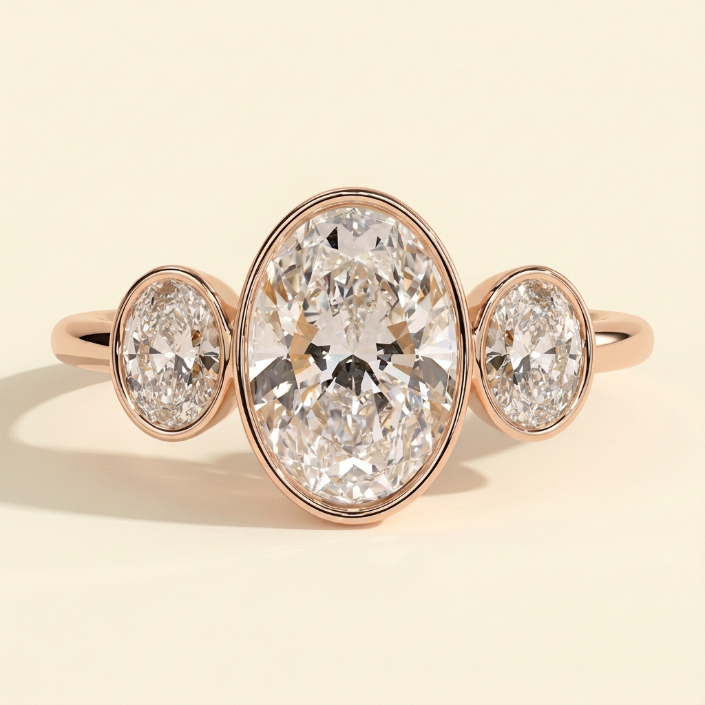 The Xiela - Oval Cut Lab Grown Diamond Three Stone Engagement Ring with Bezel Set Oval Side Stones