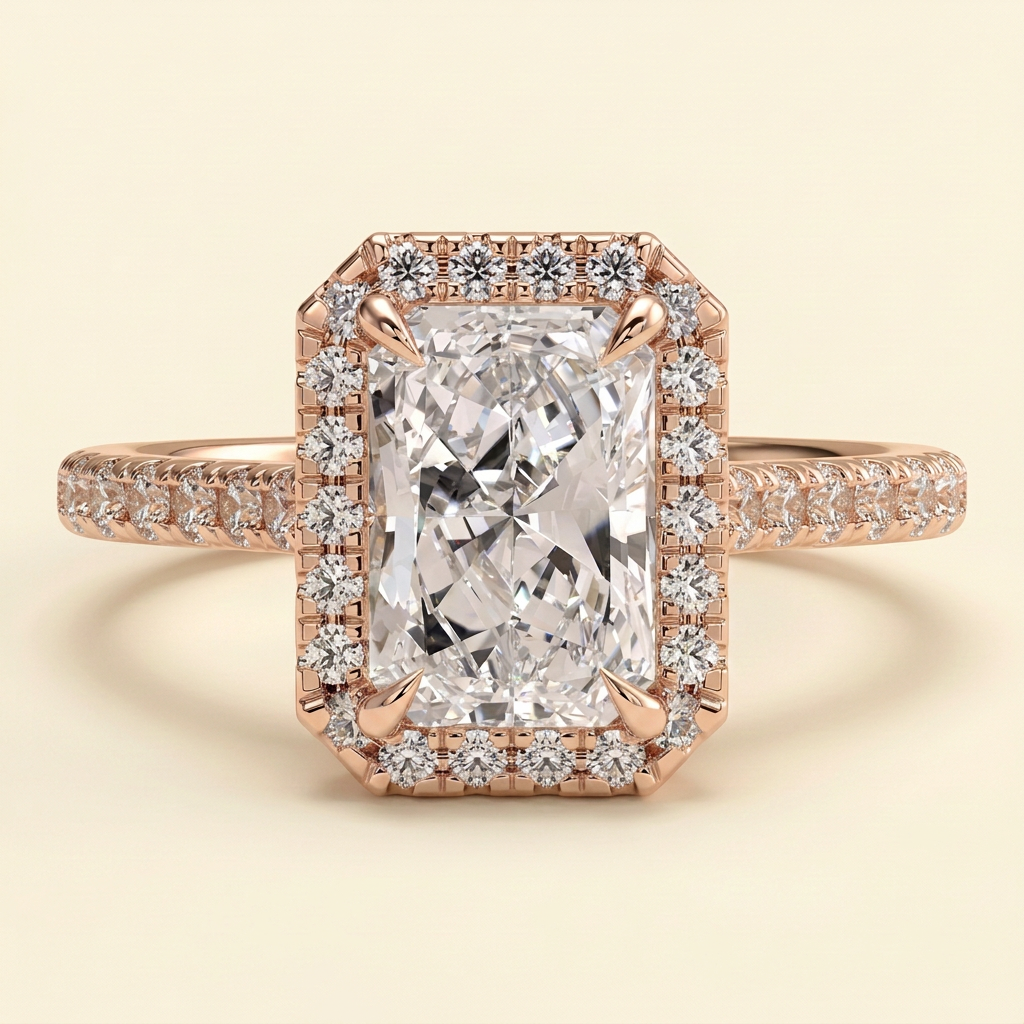 The Lunelle - Radiant Lab Diamond Solitaire with Halo and Pave Band and Cathedral Setting Ring