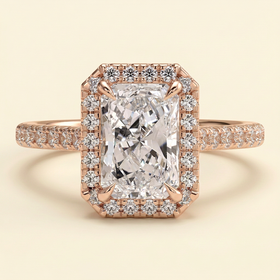 The Lunelle - Radiant Lab Diamond Solitaire with Halo and Pave Band and Cathedral Setting Ring - Rose Gold