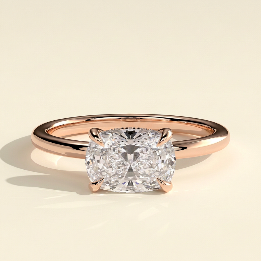 The Riva - Elongated Cushion Cut Lab Grown Diamond East West Hidden Halo Engagement Ring - Rose Gold