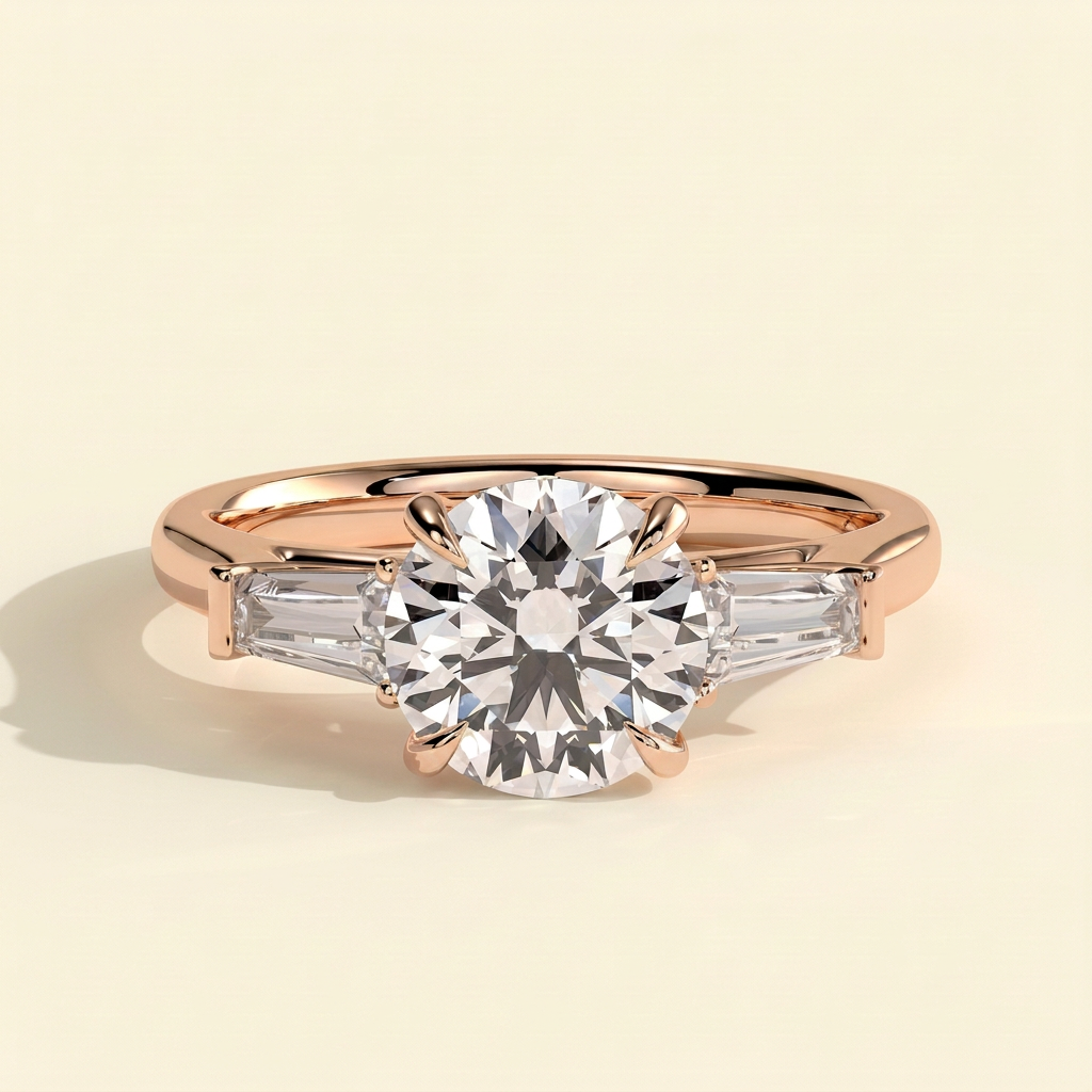 The Serena - Round Cut Lab Grown Diamond Three Stone with Tapered Baguette Side Stones and Cathedral Setting Engagement Ring