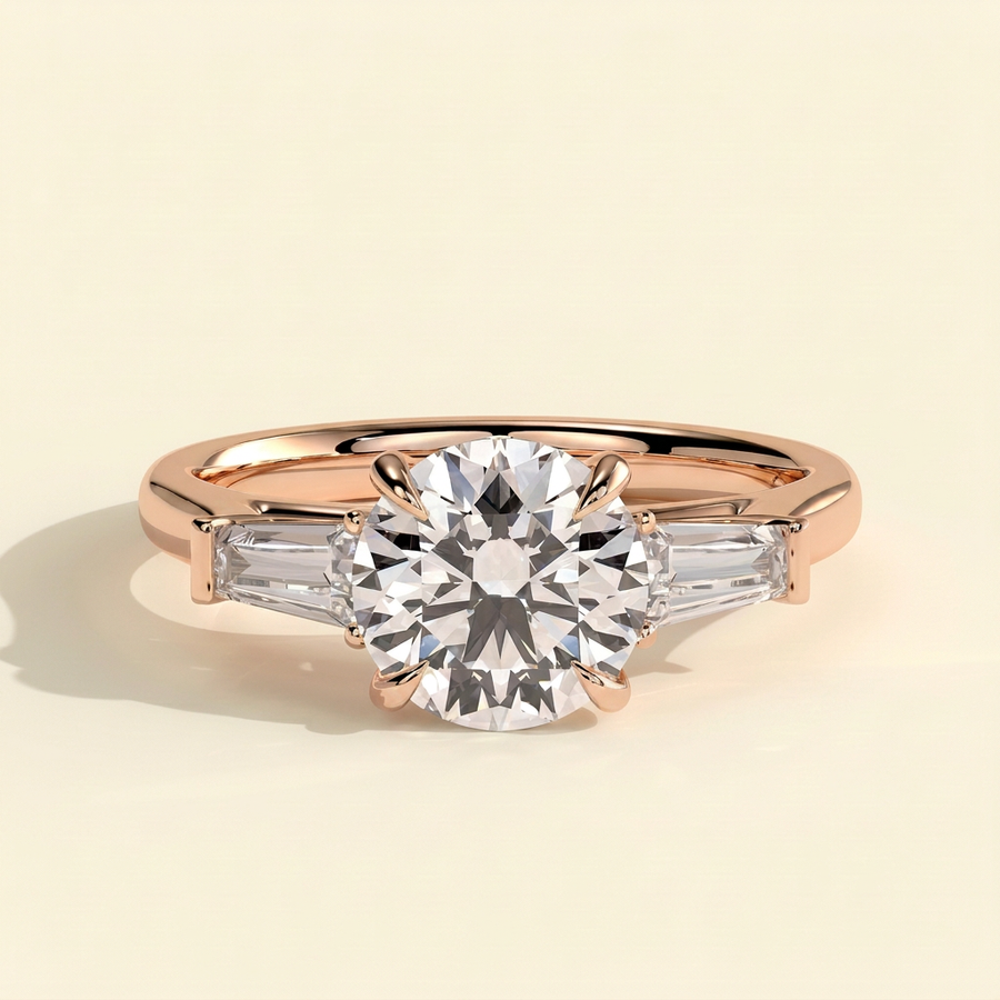 The Serena - Round Cut Lab Grown Diamond Three Stone with Tapered Baguette Side Stones and Cathedral Setting Engagement Ring - Rose Gold