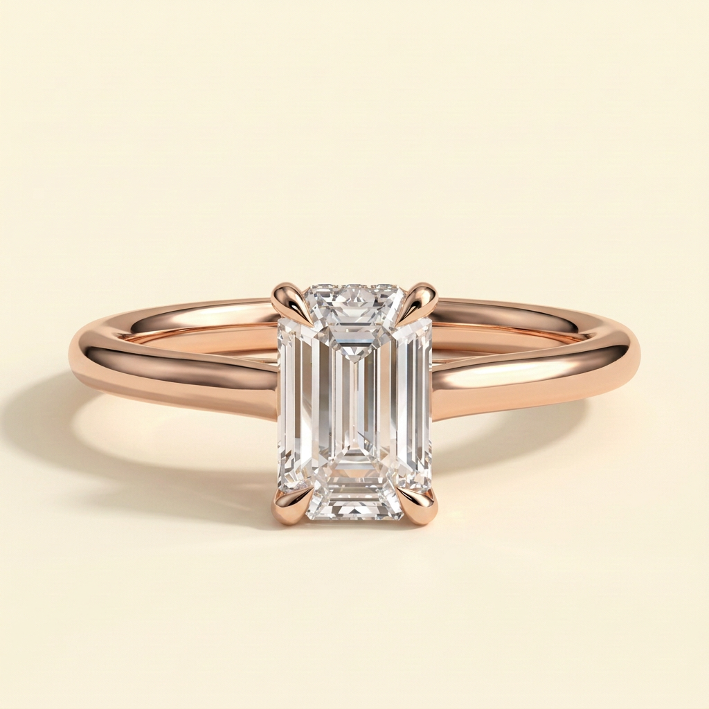 The Giova - Emerald Cut Lab Grown Diamond Four Claw Solitaire with Hidden Halo Engagement Ring