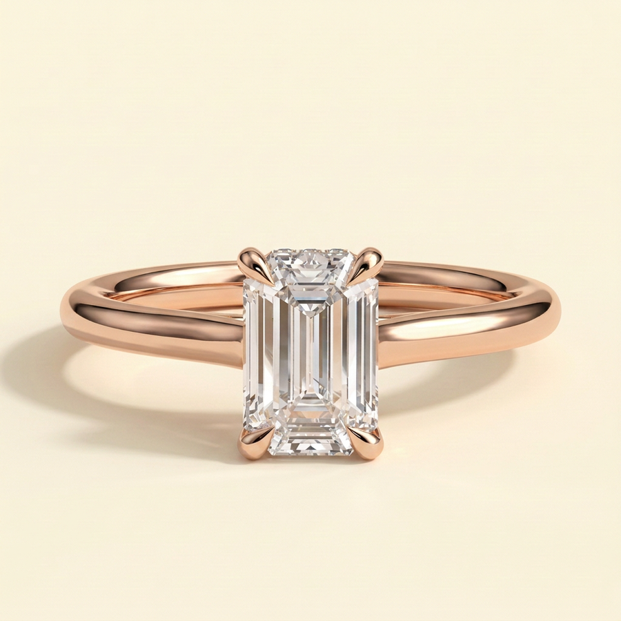 The Giova - Emerald Cut Lab Grown Diamond Four Claw Solitaire with Hidden Halo Engagement Ring - Rose Gold