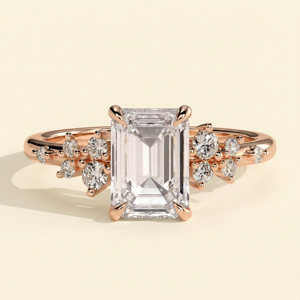 The Jemma - Emerald Cut Lab Grown Diamond Four Claw Solitaire with Clustered Round Shoulder Stones Engagement Ring