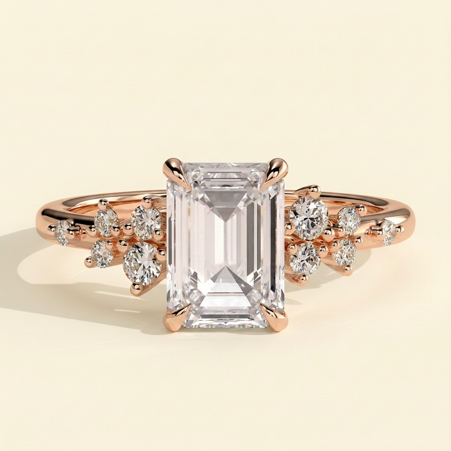 The Jemma - Emerald Cut Lab Grown Diamond Four Claw Solitaire with Clustered Round Shoulder Stones Engagement Ring - Rose Gold