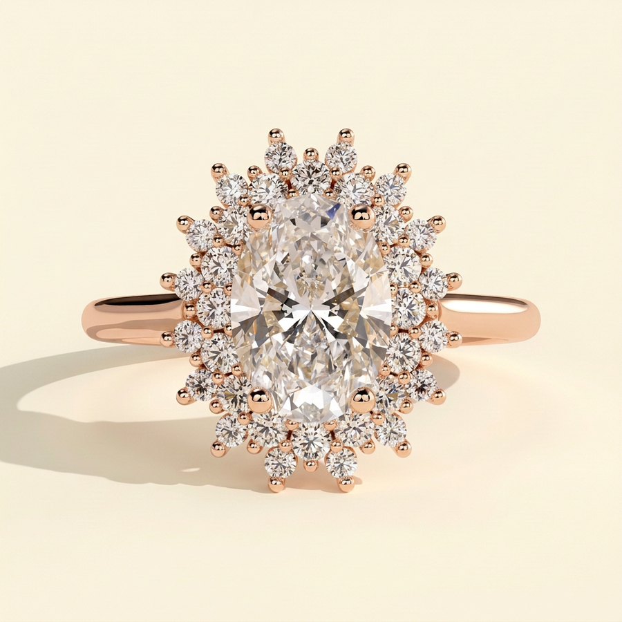 The Lucida - Oval Cut Lab Grown Diamond Double Sunburst Halo Engagement Ring with Cathedral High Setting - Rose Gold