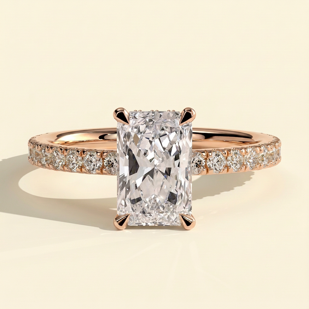 The Laela - Radiant Lab Grown Diamond Solitaire with Wrap Around Hidden Halo and Pave Band Ring