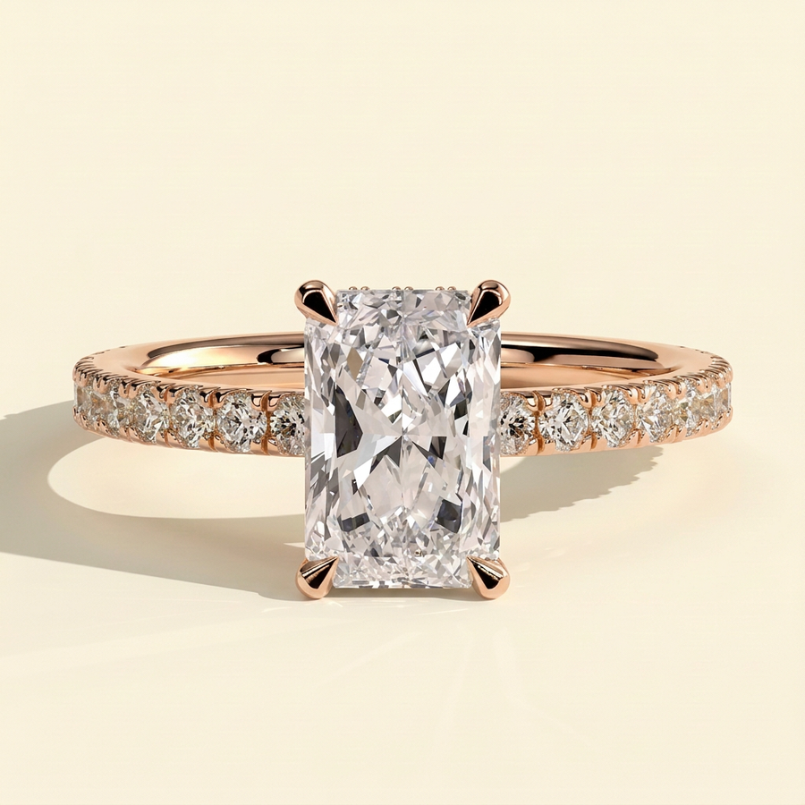 The Laela - Radiant Lab Grown Diamond Solitaire with Wrap Around Hidden Halo and Pave Band Ring - Rose Gold