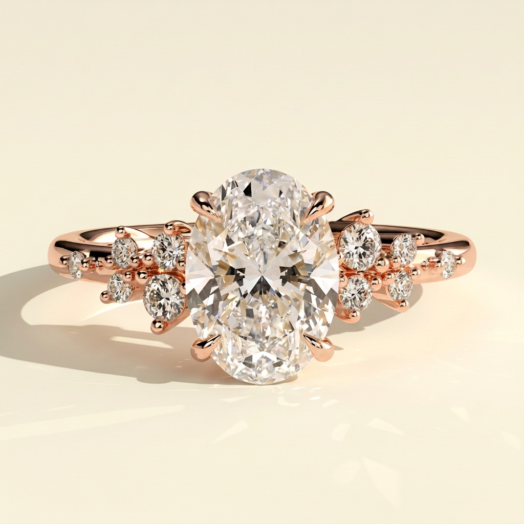 The Kessa - Oval Lab Grown Diamond Solitaire with Clustered Round Shoulder Stones Ring
