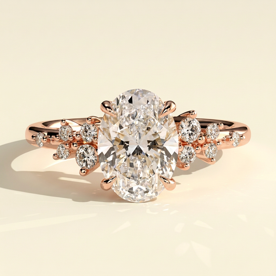 The Kessa - Oval Lab Grown Diamond Solitaire with Clustered Round Shoulder Stones Ring - Rose Gold