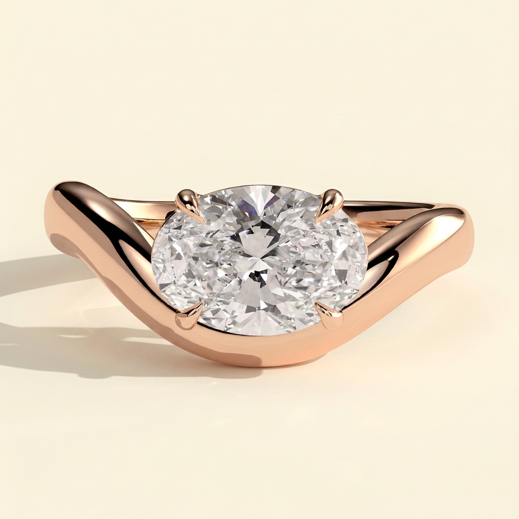 The Rhea - Oval Cut Lab Grown Diamond East West Solitaire Engagement Ring with Wave Band