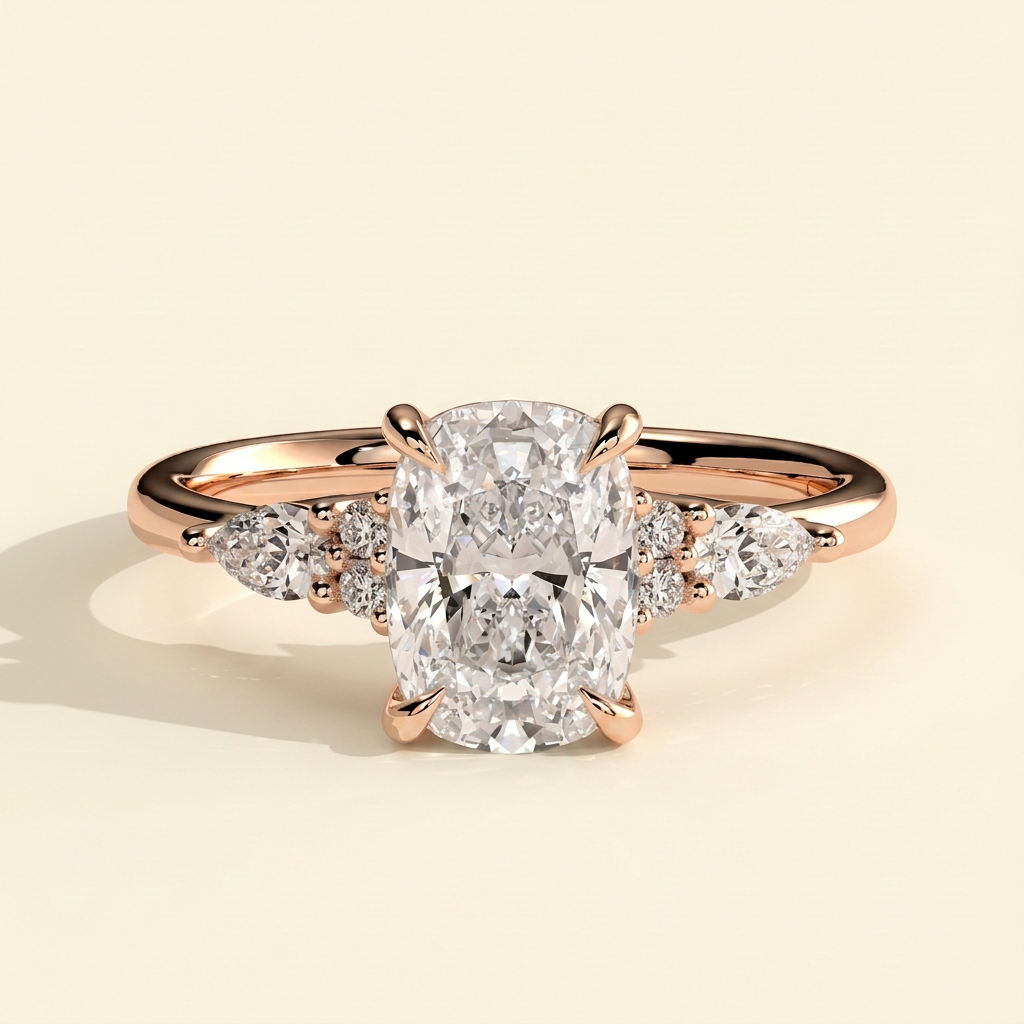 The Verelle - Elongated Cushion Cut Lab Grown Diamond Three Stone Engagement Ring with Pear and Round Side Stones