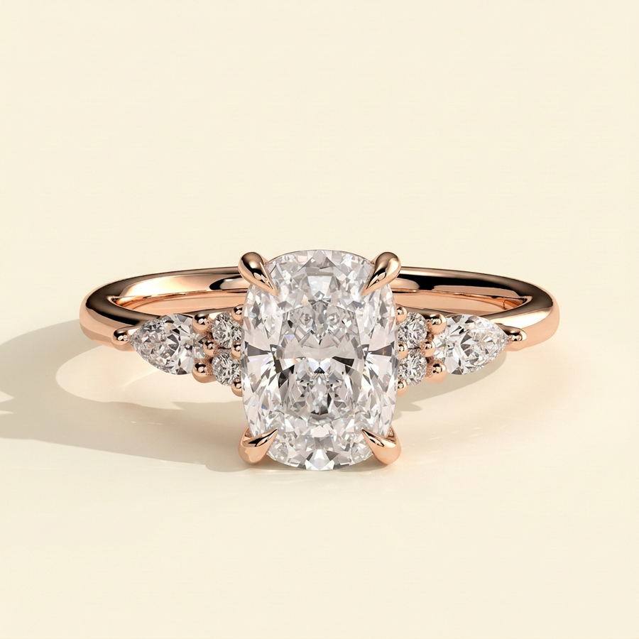 The Verelle - Elongated Cushion Cut Lab Grown Diamond Three Stone Engagement Ring with Pear and Round Side Stones - Rose Gold