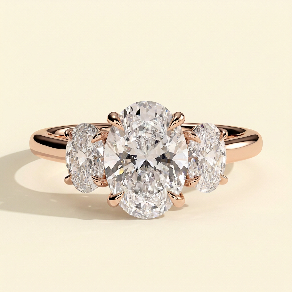 The Via - Oval Cut Lab Grown Diamond Three Stone Engagement Ring with Matching Oval Side Stones