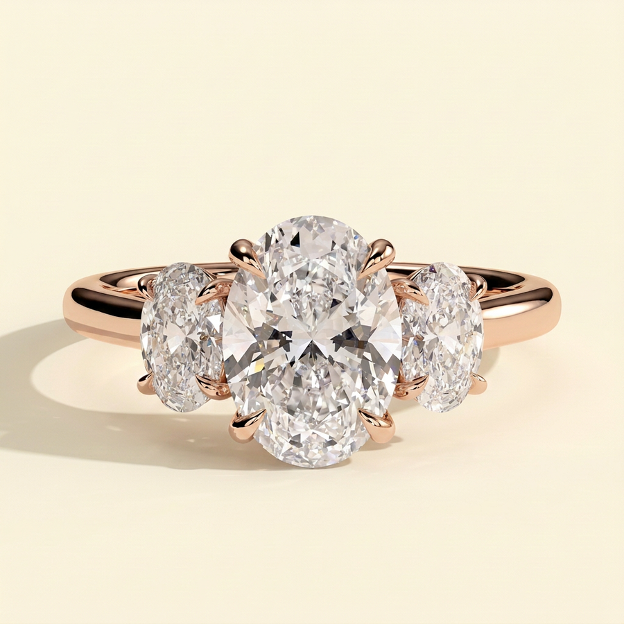 The Via - Oval Cut Lab Grown Diamond Three Stone Engagement Ring with Matching Oval Side Stones - Rose Gold