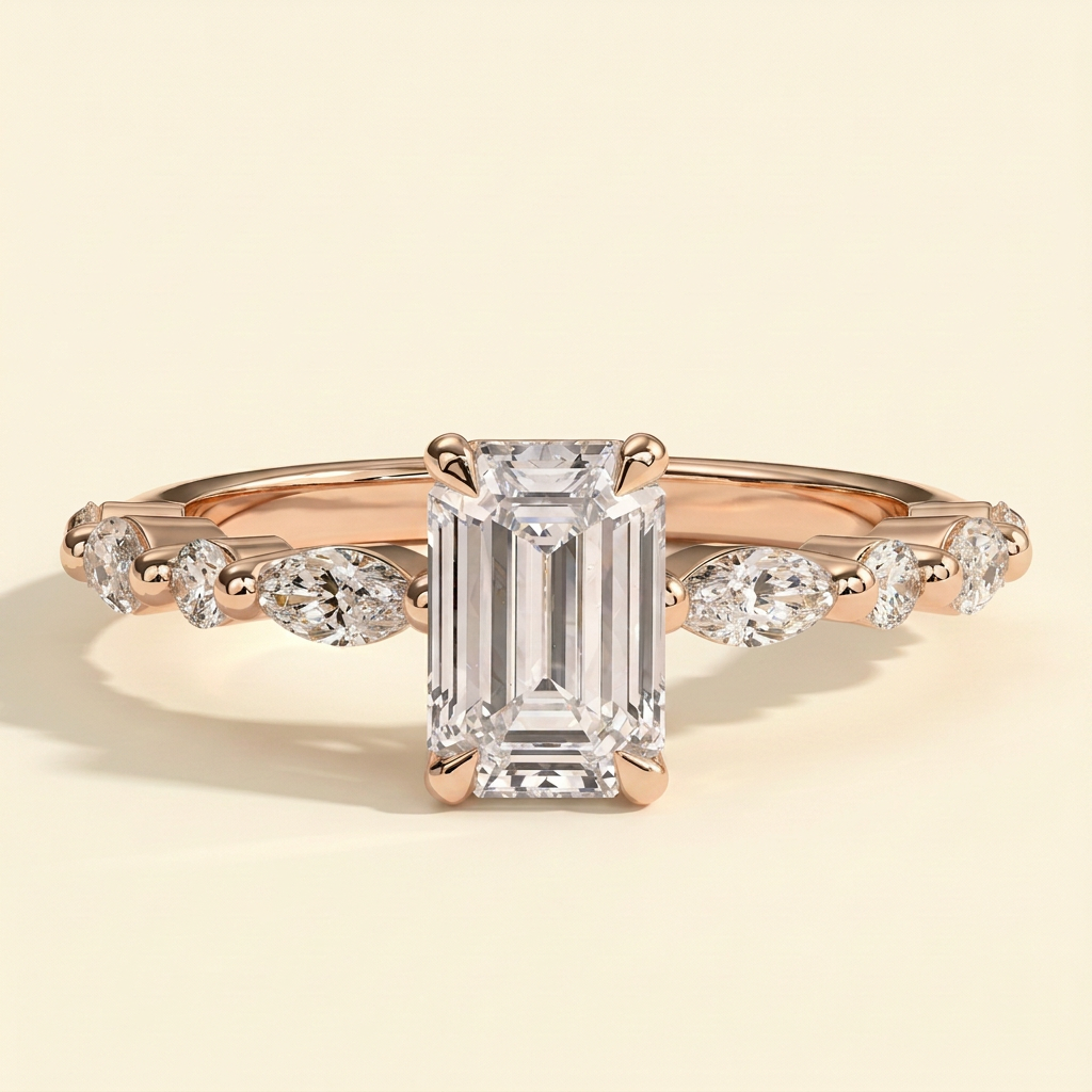 The Jora - Emerald Cut Lab Grown Diamond Solitaire with Marquise and Round Accent Band Engagement Ring