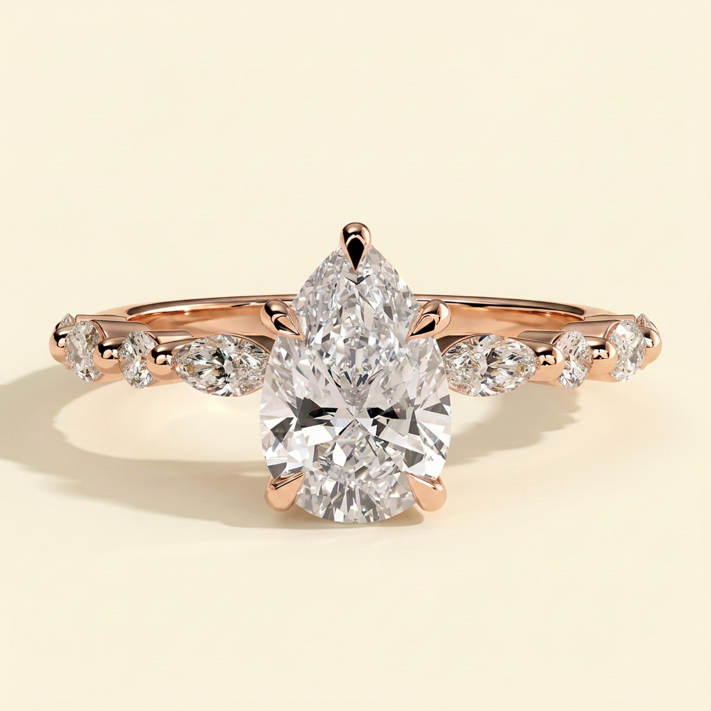 The Renelle - Pear Cut Lab Grown Diamond Five Claw Solitaire with Marquise and Round Accent Band