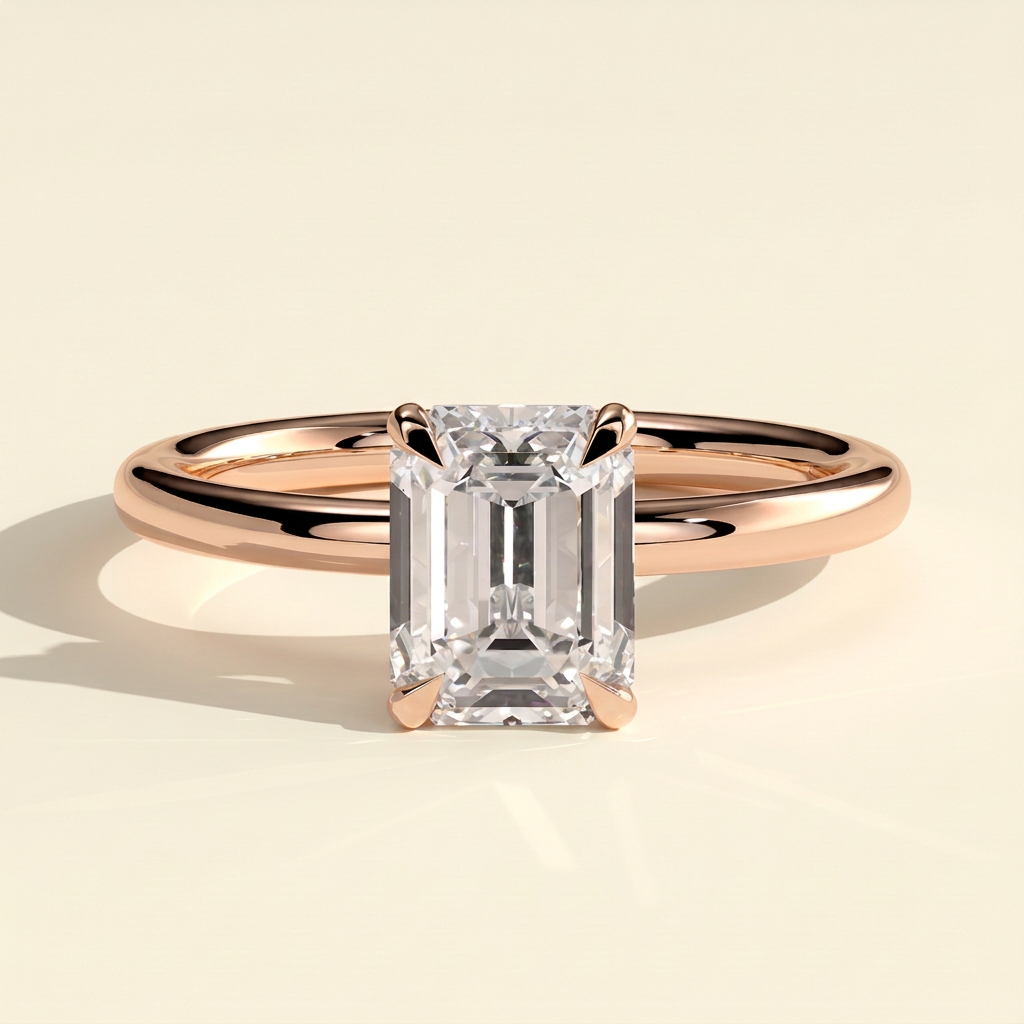 The Izara - Emerald Cut Lab Grown Diamond Four Claw Solitaire with Wrap Around Hidden Halo Engagement Ring