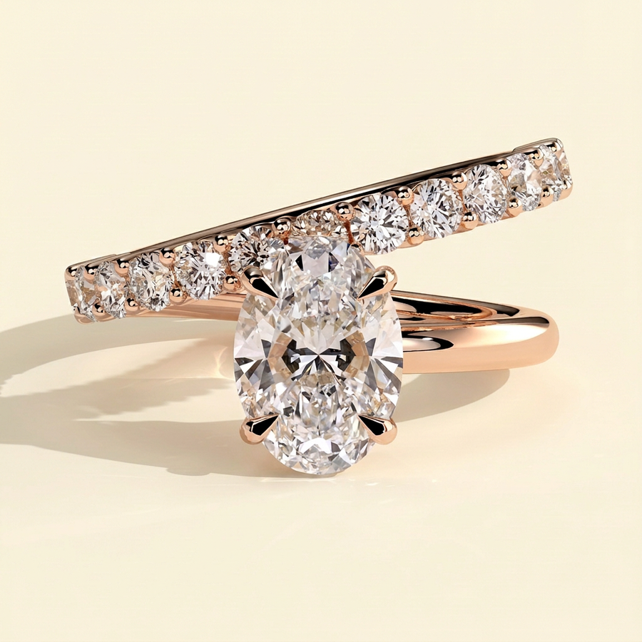 The Veora - Oval Cut Lab Grown Diamond Solitaire with Angled Pave Band and a Half Engagement Ring - Rose Gold