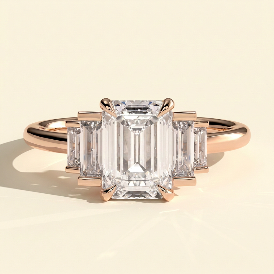 The Solene - Emerald Cut Lab Grown Diamond Solitaire with Graduating Baguette Shoulder Stones Engagement Ring - Rose Gold