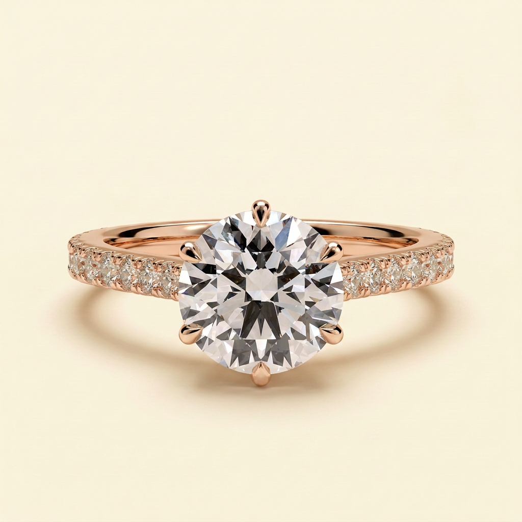 The Malia - Round Cut Lab Grown Diamond Six Claw Cathedral Solitaire with Pave Band Engagement Ring